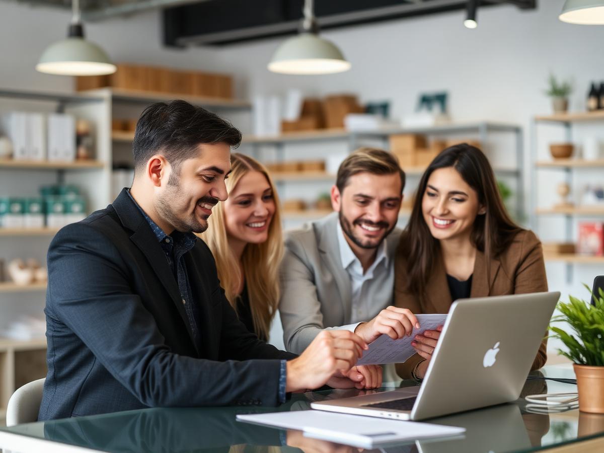 Equipe da loja analisando relatórios de vendas no notebook
